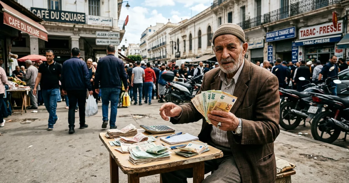 Cambiste au Square à Alger tenant des billets d'euros, marché parallèle des devises, avril 2026.