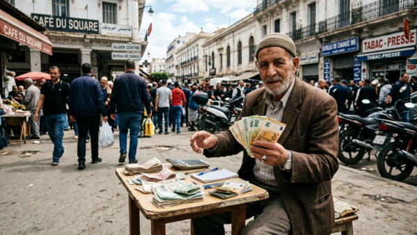 Cambiste au Square à Alger tenant des billets d'euros, marché parallèle des devises, avril 2026.