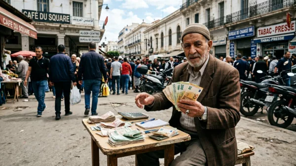 Cambiste au Square à Alger tenant des billets d'euros, marché parallèle des devises, avril 2026.