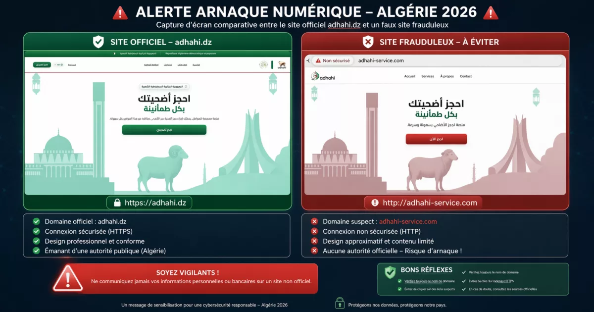 Capture d'écran montrant la différence entre adhahi.dz officiel et un faux site frauduleux – alerte APOCE avril 2026