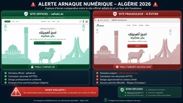 Capture d'écran montrant la différence entre adhahi.dz officiel et un faux site frauduleux – alerte APOCE avril 2026