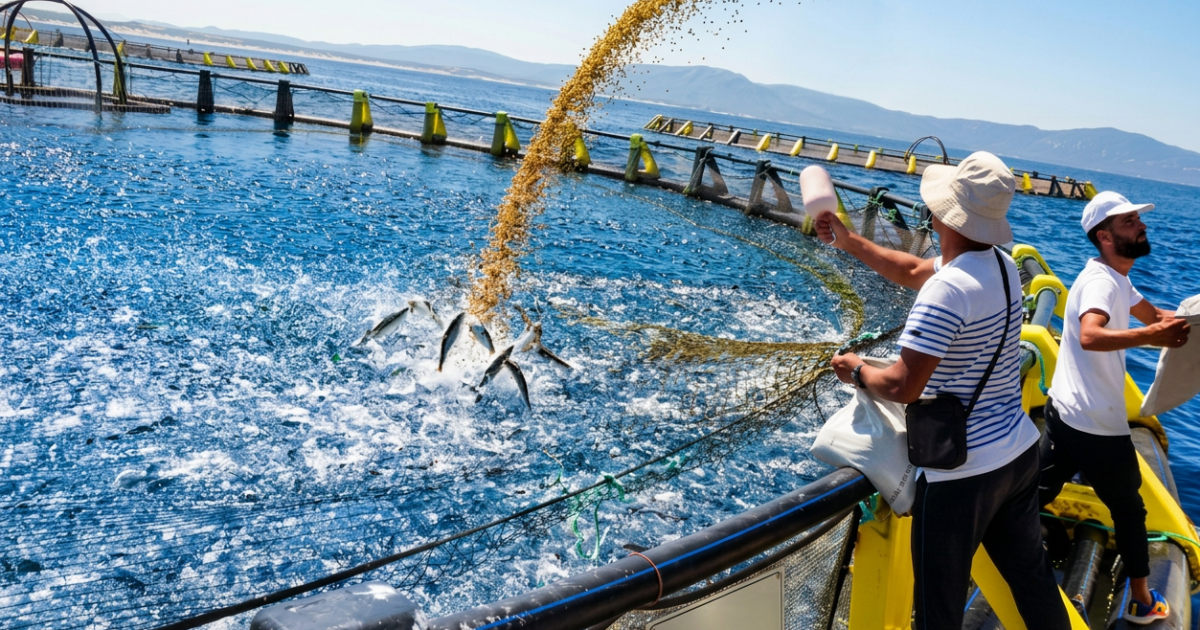 Cages flottantes d'élevage de pagres dans la baie de Béjaïa, Algérie, printemps 2026
