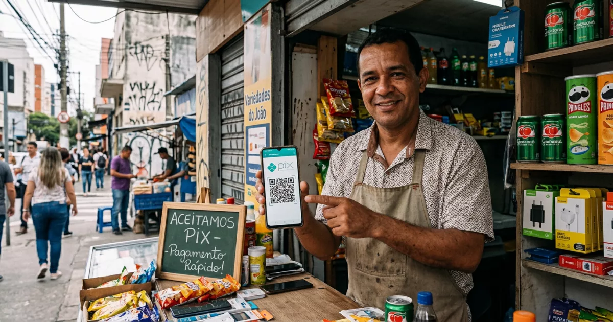 Commerçant brésilien affichant un QR code Pix dans une boutique de rue à São Paulo, smartphone en main pour recevoir un paiement instantané — Brésil, 2025