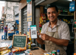 Commerçant brésilien affichant un QR code Pix dans une boutique de rue à São Paulo, smartphone en main pour recevoir un paiement instantané — Brésil, 2025
