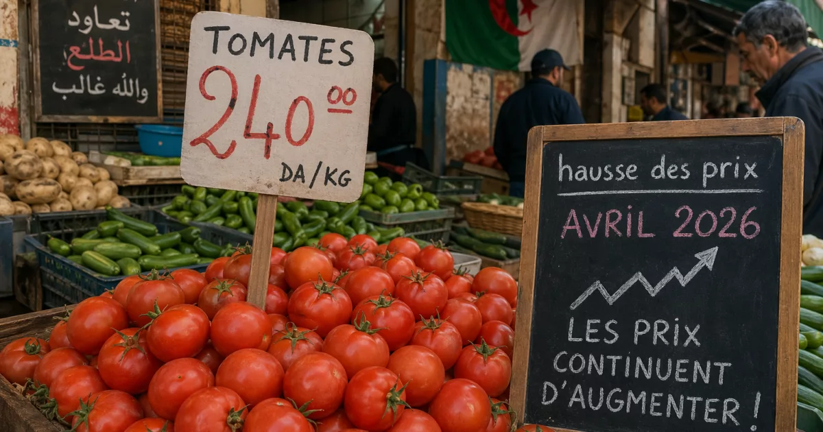 Marché de légumes à Alger en avril 2026 : étal de tomates avec étiquette de prix en dinars, illustrant la flambée des coûts alimentaires au Maghreb.