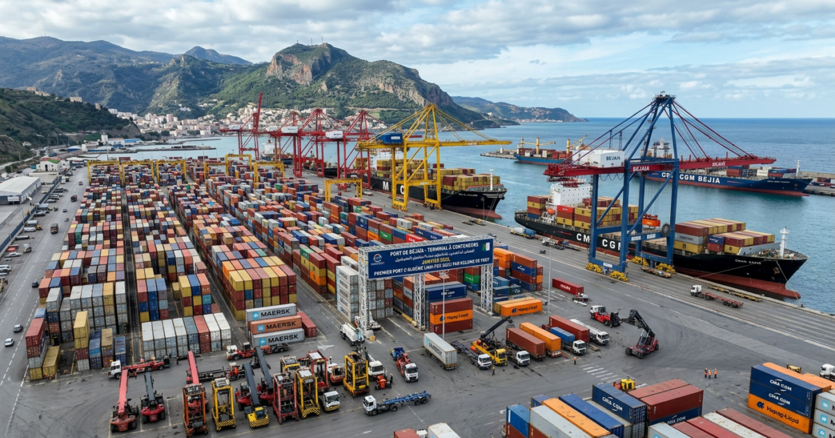 Terminal à conteneurs du port de Béjaïa en activité, janvier 2026 — premier port d'Algérie par volume sur le bimestre