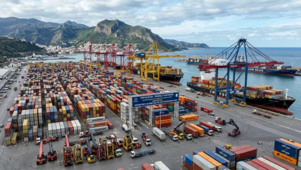 Terminal à conteneurs du port de Béjaïa en activité, janvier 2026 — premier port d'Algérie par volume sur le bimestre