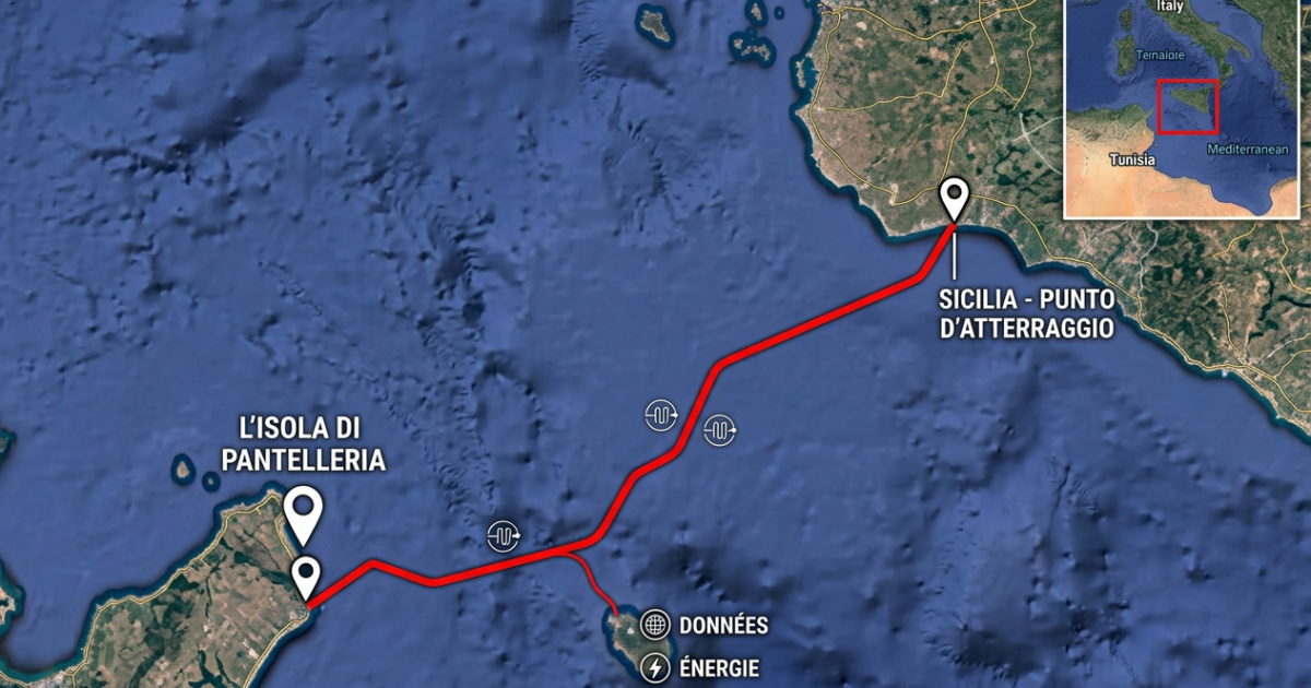 Carte du tracé sous-marin du câble ELMED entre la station de Mlaabi au Cap Bon (Tunisie) et celle de Partanna en Sicile (Italie), 220 km à 800 m de profondeur