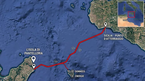 Carte du tracé sous-marin du câble ELMED entre la station de Mlaabi au Cap Bon (Tunisie) et celle de Partanna en Sicile (Italie), 220 km à 800 m de profondeur