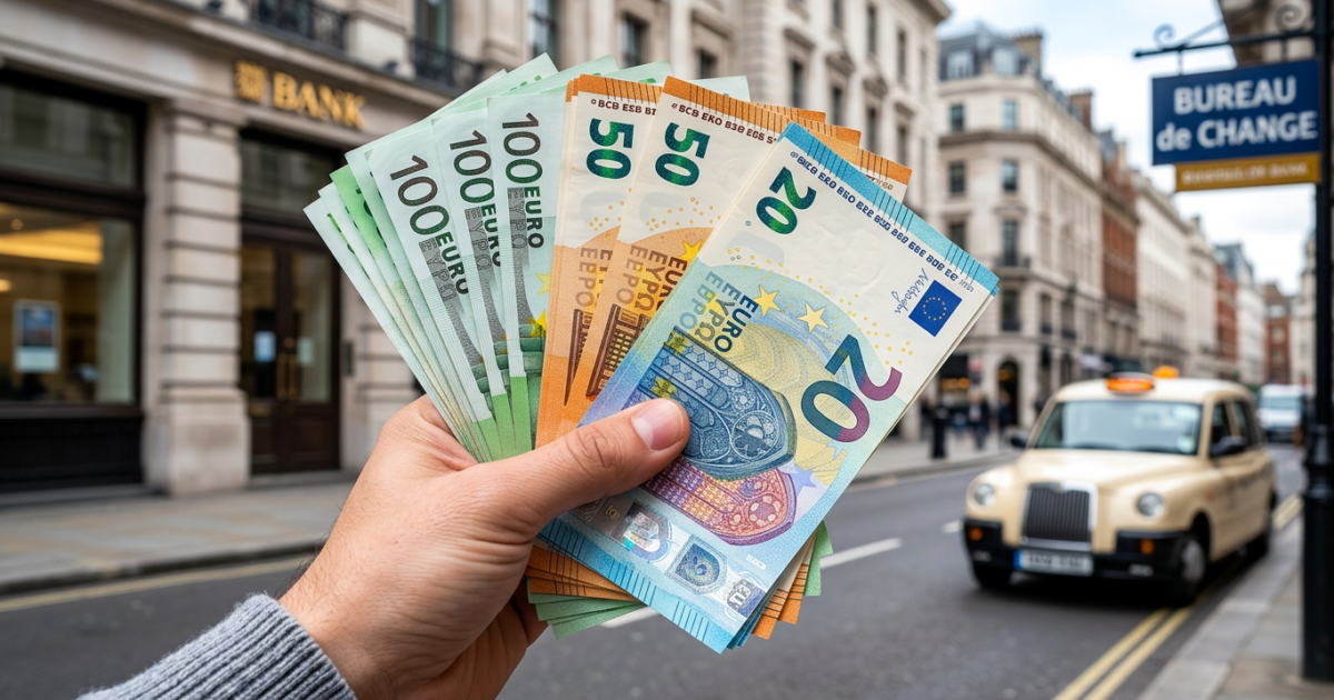 Cambiste au Square Port-Saïd d'Alger tenant des billets d'euros, avec la Grande Poste en arrière-plan, avril 2026