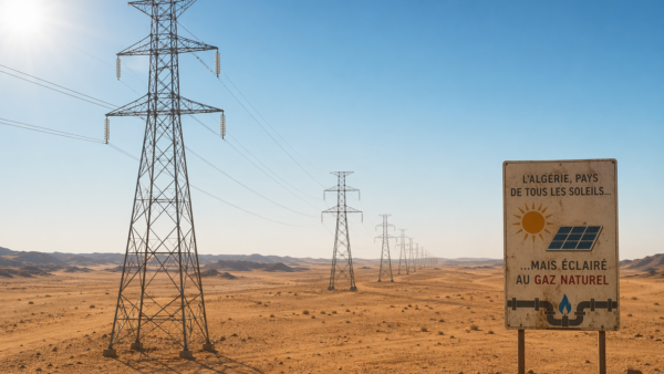 Ligne à haute tension traversant le désert saharien algérien sous un ciel dégagé, symbole du paradoxe entre potentiel solaire inexploité et dépendance au gaz naturel