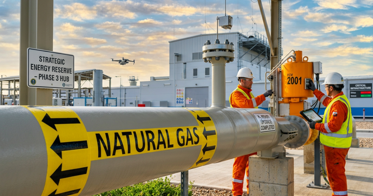 Vue satellite des infrastructures gazières africaines : torchères du Delta du Niger au Nigeria, gazoducs du nord algérien vers la Méditerranée, plateforme offshore dans le bassin de Rovuma au Mozambique.