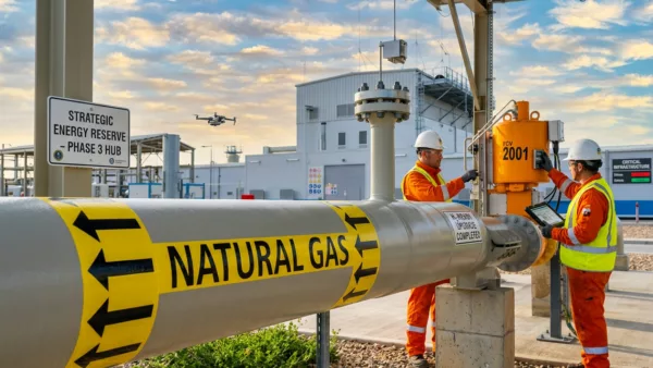 Vue satellite des infrastructures gazières africaines : torchères du Delta du Niger au Nigeria, gazoducs du nord algérien vers la Méditerranée, plateforme offshore dans le bassin de Rovuma au Mozambique.