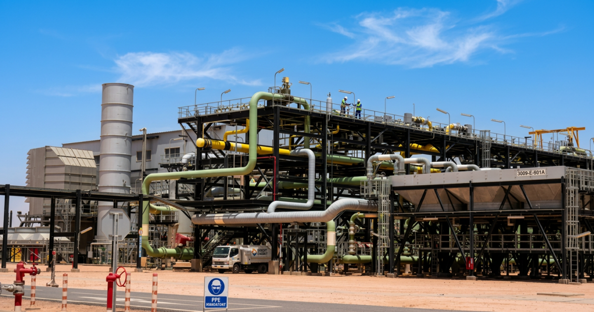 Installations de traitement du gaz naturel de Sonatrach à Hassi R'Mel, principal gisement gazier d'Algérie, en plein désert du Sahara.