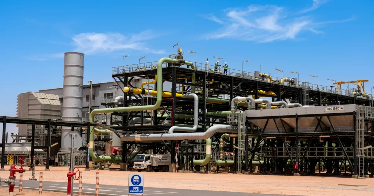 Installations de traitement du gaz naturel de Sonatrach à Hassi R'Mel, principal gisement gazier d'Algérie, en plein désert du Sahara.