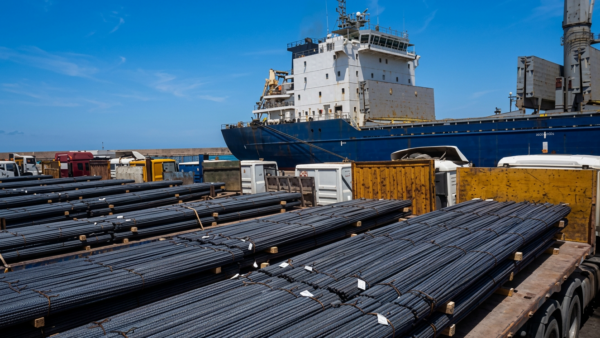 Chargement de 22 000 tonnes de billettes d'acier AQS au port d'Annaba, 7 avril 2026 — exportation vers l'Italie, première quinzaine record de la sidérurgie algérienne