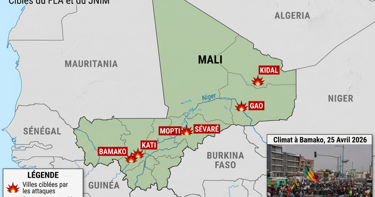 Carte du Mali indiquant les six villes frappées le 25 avril 2026 — Bamako, Kati, Kidal, Gao, Sévaré et Mopti — lors d'attaques coordonnées du FLA et du JNIM