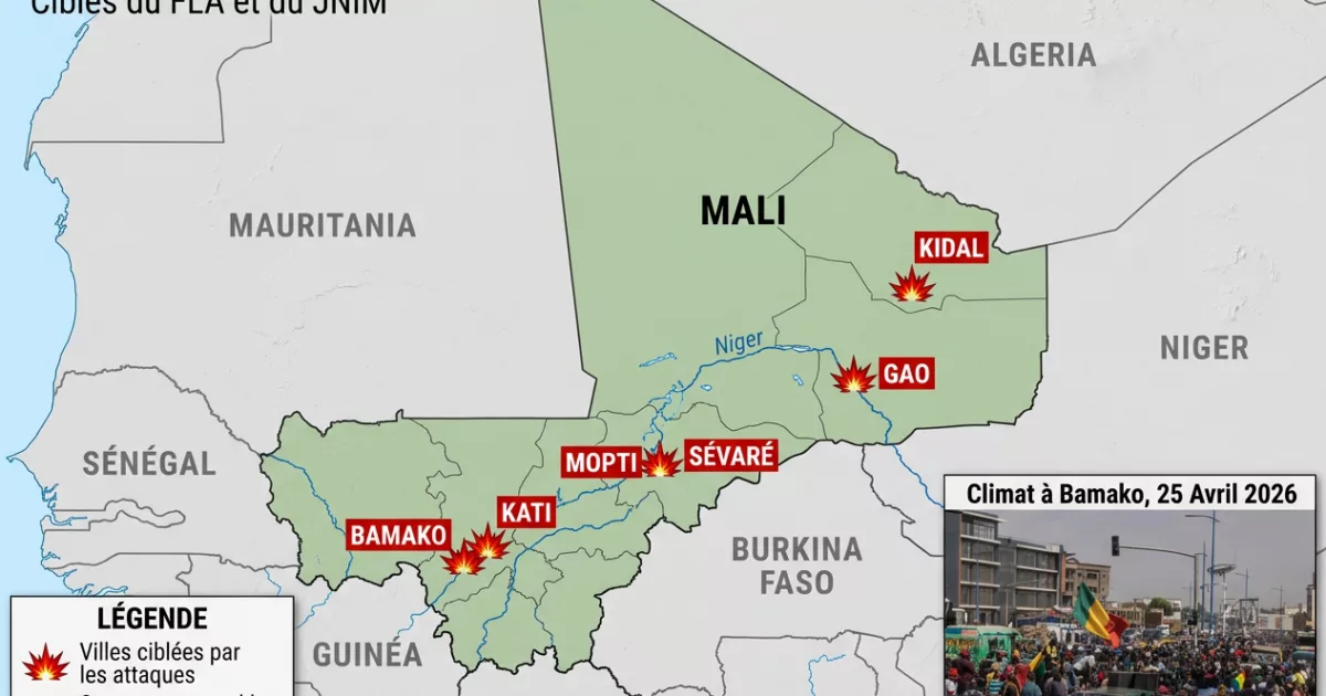 Carte du Mali indiquant les six villes frappées le 25 avril 2026 — Bamako, Kati, Kidal, Gao, Sévaré et Mopti — lors d'attaques coordonnées du FLA et du JNIM