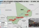 Carte du Mali indiquant les six villes frappées le 25 avril 2026 — Bamako, Kati, Kidal, Gao, Sévaré et Mopti — lors d'attaques coordonnées du FLA et du JNIM