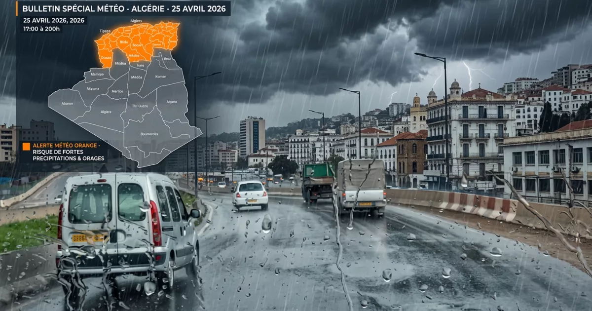 Oued en crue traversant une zone urbaine en Algérie lors de fortes pluies printanières, avril 2026, alerte météo orange ONM