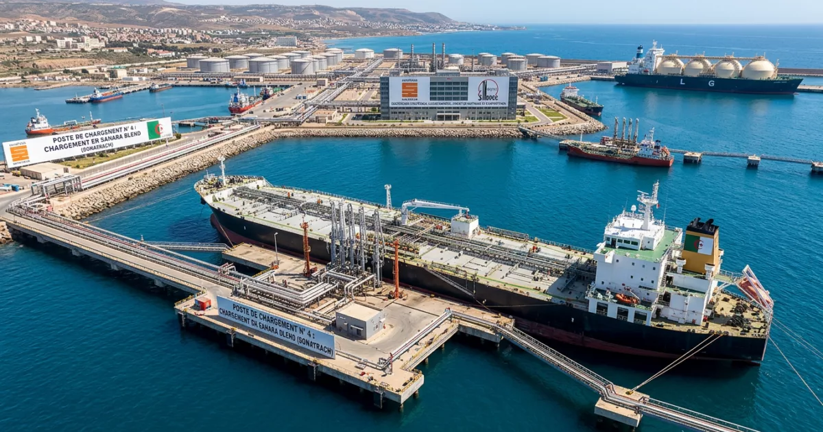 Vue aérienne du terminal pétrolier d'Arzew en Algérie avec tanker en chargement de Sahara Blend, avril 2026