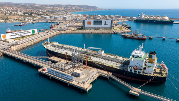 Vue aérienne du terminal pétrolier d'Arzew en Algérie avec tanker en chargement de Sahara Blend, avril 2026