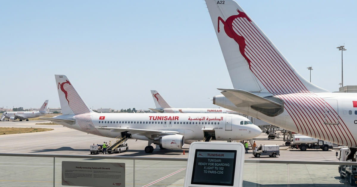 Comptoirs d'enregistrement Tunisair à l'aéroport Tunis-Carthage lors de la panne informatique du 14 avril 2026
