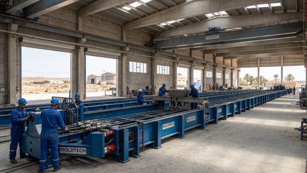 Moule TT autoportant Moldtech de 40 mètres monté dans une usine algérienne de préfabrication béton précontraint — avril 2026