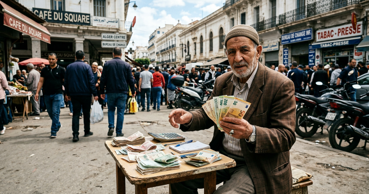 Cambiste au Square à Alger tenant des billets d'euros, marché parallèle des devises, avril 2026.