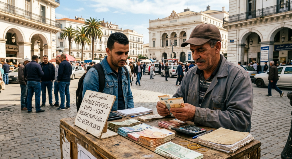 Cambiste comptant des billets en euros au Square Port-Saïd à Alger, marché informel des devises, avril 2026