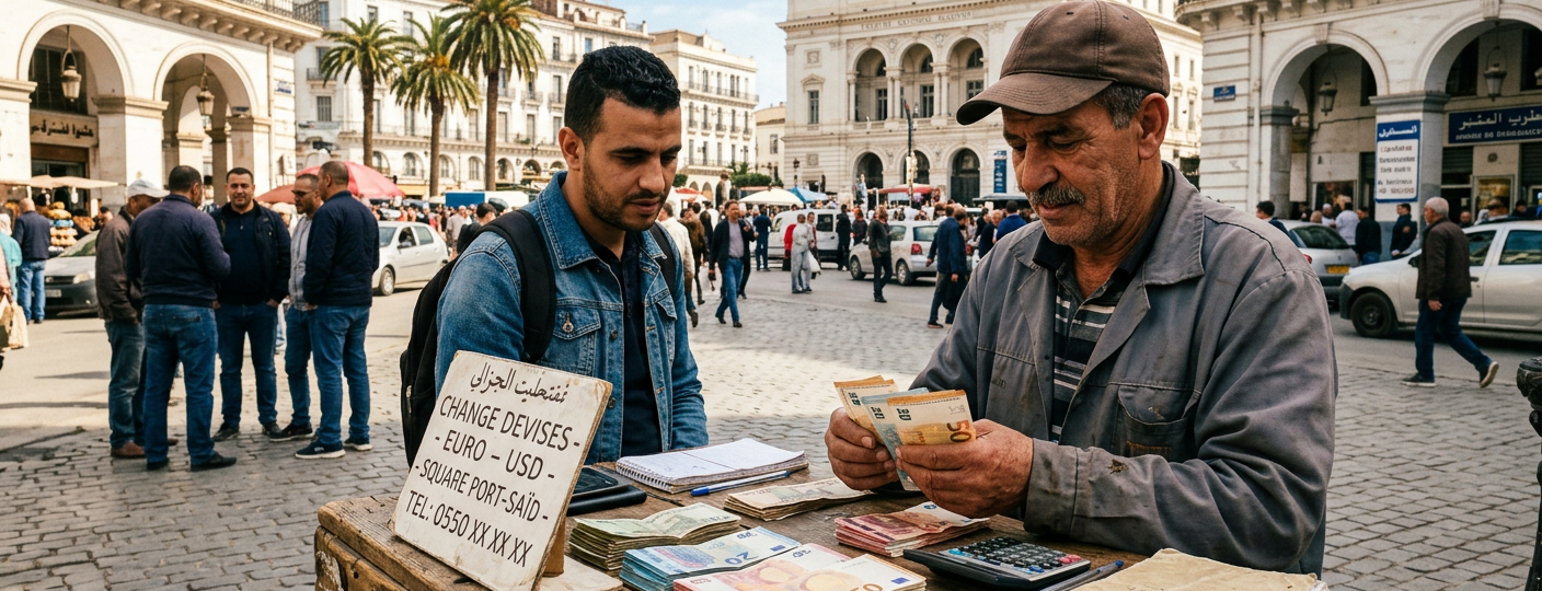 Cambiste comptant des billets en euros au Square Port-Saïd à Alger, marché informel des devises, avril 2026