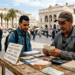 Cambiste comptant des billets en euros au Square Port-Saïd à Alger, marché informel des devises, avril 2026