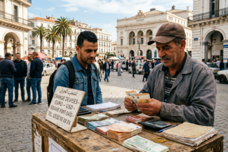 Cambiste comptant des billets en euros au Square Port-Saïd à Alger, marché informel des devises, avril 2026