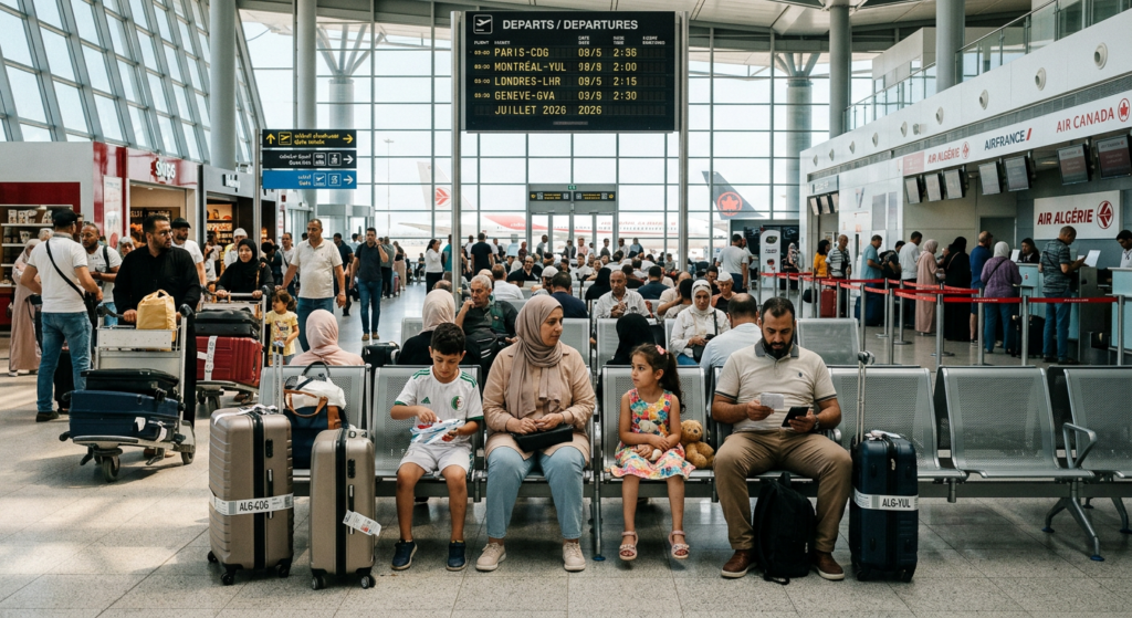 Passagers algériens en attente dans le hall des départs de l'aéroport Houari Boumédiène d'Alger, été 2026, valises et enfants, retour vers l'Europe ou le Canada