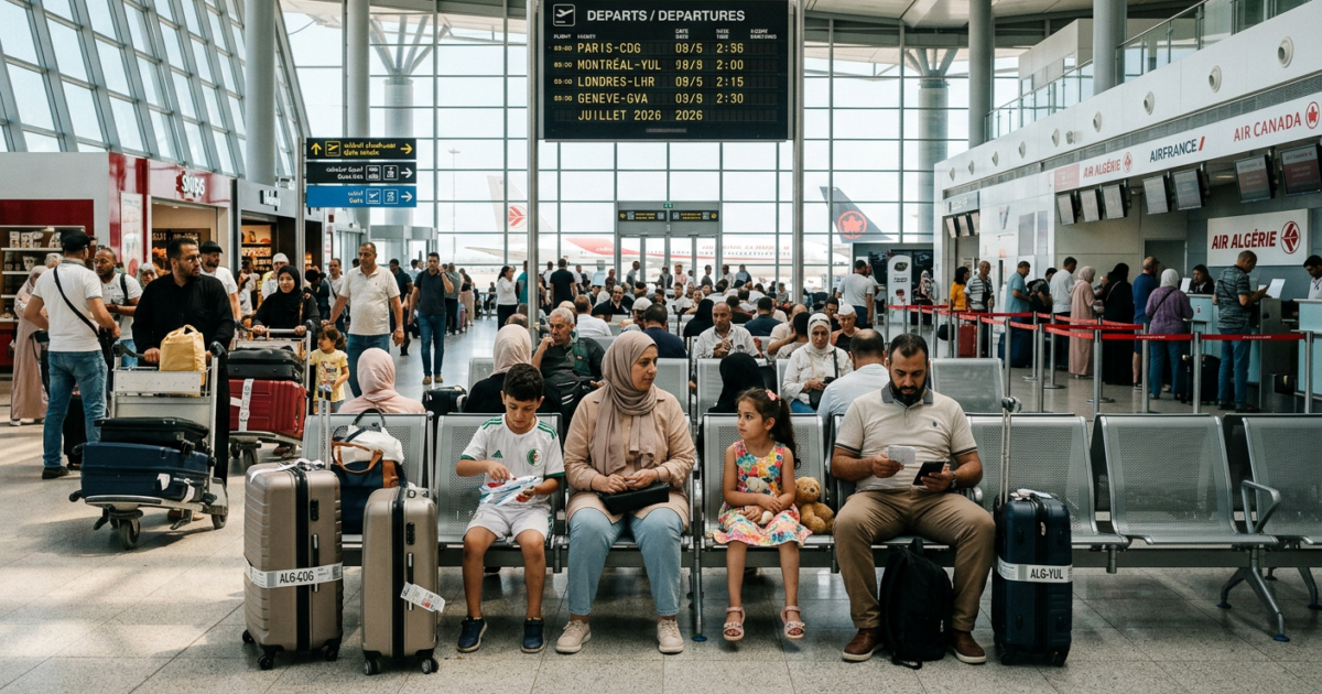 Passagers algériens en attente dans le hall des départs de l'aéroport Houari Boumédiène d'Alger, été 2026, valises et enfants, retour vers l'Europe ou le Canada