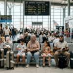 Passagers algériens en attente dans le hall des départs de l'aéroport Houari Boumédiène d'Alger, été 2026, valises et enfants, retour vers l'Europe ou le Canada