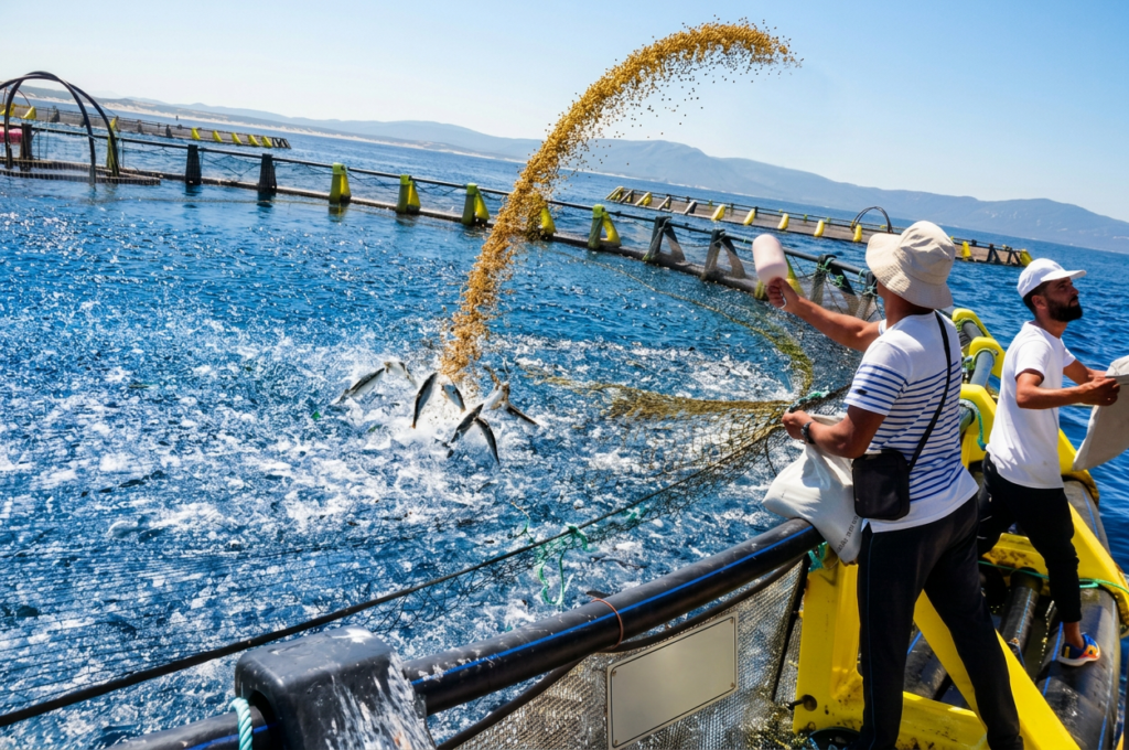 Cages flottantes d'élevage de pagres dans la baie de Béjaïa, Algérie, printemps 2026