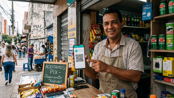 Commerçant brésilien affichant un QR code Pix dans une boutique de rue à São Paulo, smartphone en main pour recevoir un paiement instantané — Brésil, 2025