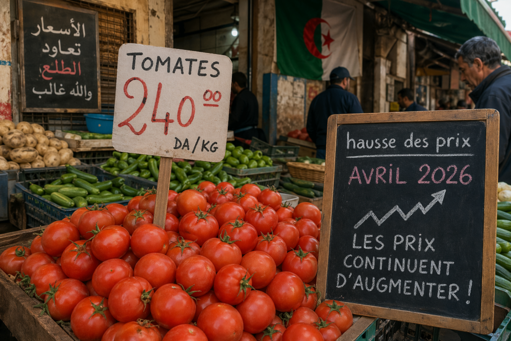 Marché de légumes à Alger en avril 2026 : étal de tomates avec étiquette de prix en dinars, illustrant la flambée des coûts alimentaires au Maghreb.