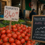 Marché de légumes à Alger en avril 2026 : étal de tomates avec étiquette de prix en dinars, illustrant la flambée des coûts alimentaires au Maghreb.
