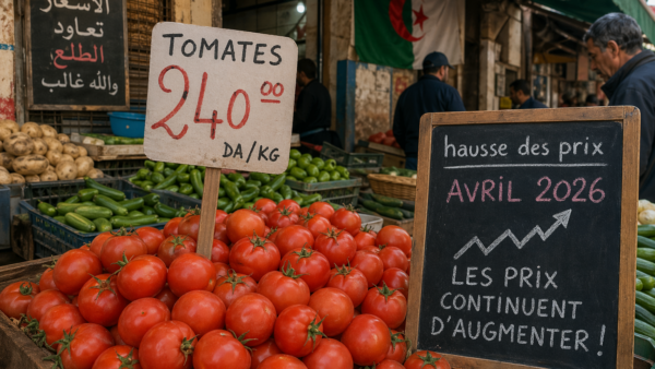 Marché de légumes à Alger en avril 2026 : étal de tomates avec étiquette de prix en dinars, illustrant la flambée des coûts alimentaires au Maghreb.