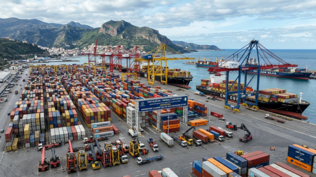 Terminal à conteneurs du port de Béjaïa en activité, janvier 2026 — premier port d'Algérie par volume sur le bimestre