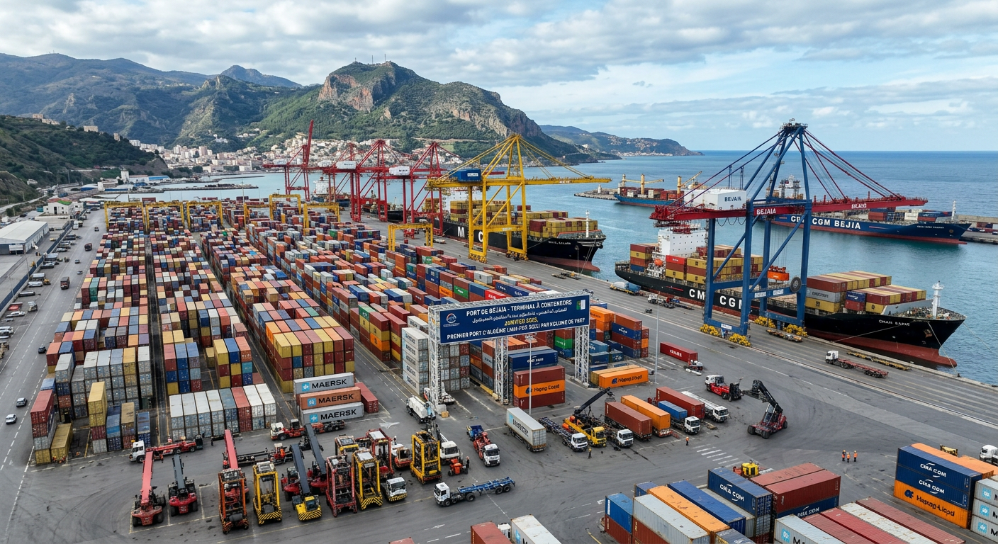 Terminal à conteneurs du port de Béjaïa en activité, janvier 2026 — premier port d'Algérie par volume sur le bimestre