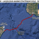 Carte du tracé sous-marin du câble ELMED entre la station de Mlaabi au Cap Bon (Tunisie) et celle de Partanna en Sicile (Italie), 220 km à 800 m de profondeur