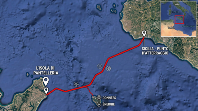 Carte du tracé sous-marin du câble ELMED entre la station de Mlaabi au Cap Bon (Tunisie) et celle de Partanna en Sicile (Italie), 220 km à 800 m de profondeur
