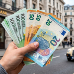 Cambiste au Square Port-Saïd d'Alger tenant des billets d'euros, avec la Grande Poste en arrière-plan, avril 2026