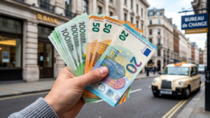 Cambiste au Square Port-Saïd d'Alger tenant des billets d'euros, avec la Grande Poste en arrière-plan, avril 2026
