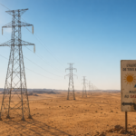 Ligne à haute tension traversant le désert saharien algérien sous un ciel dégagé, symbole du paradoxe entre potentiel solaire inexploité et dépendance au gaz naturel
