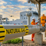 Vue satellite des infrastructures gazières africaines : torchères du Delta du Niger au Nigeria, gazoducs du nord algérien vers la Méditerranée, plateforme offshore dans le bassin de Rovuma au Mozambique.