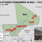 Carte du Mali indiquant les six villes frappées le 25 avril 2026 — Bamako, Kati, Kidal, Gao, Sévaré et Mopti — lors d'attaques coordonnées du FLA et du JNIM